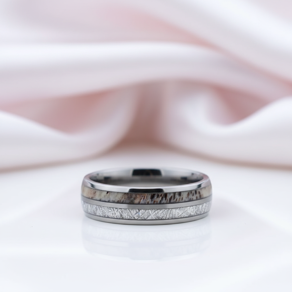 8mm Domed Men's Wedding Band with Meteorite Antler Inlay-Black Diamonds New York