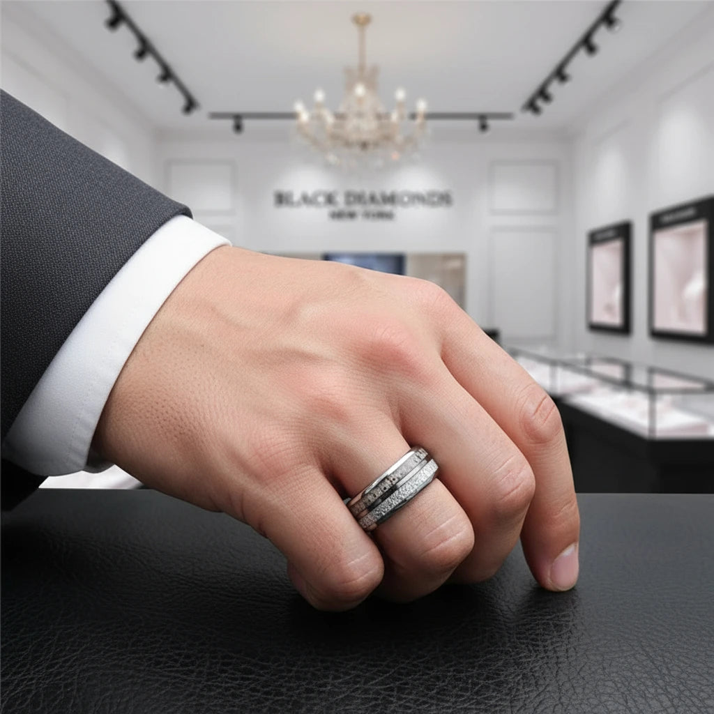 8mm Domed Men's Wedding Band with Meteorite Antler Inlay-Black Diamonds New York