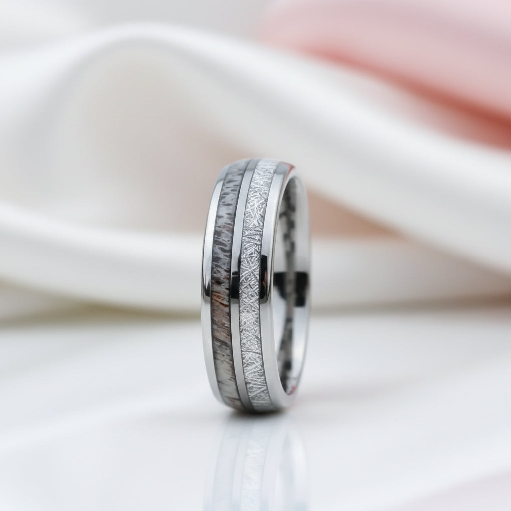 8mm Domed Men's Wedding Band with Meteorite Antler Inlay-Black Diamonds New York
