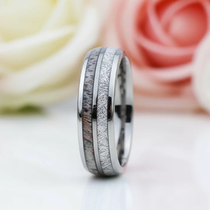 8mm Domed Men's Wedding Band with Meteorite Antler Inlay-Black Diamonds New York