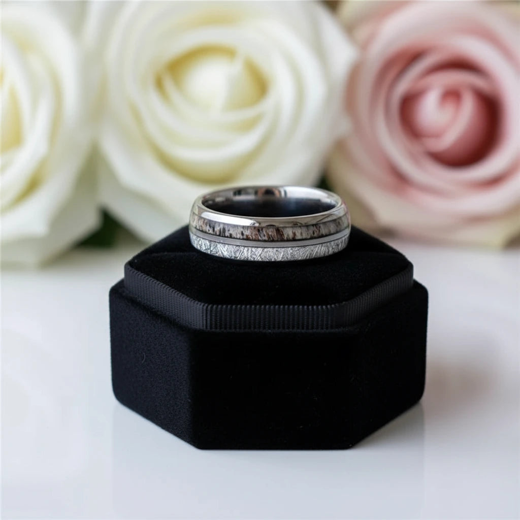 8mm Domed Men's Wedding Band with Meteorite Antler Inlay-Black Diamonds New York