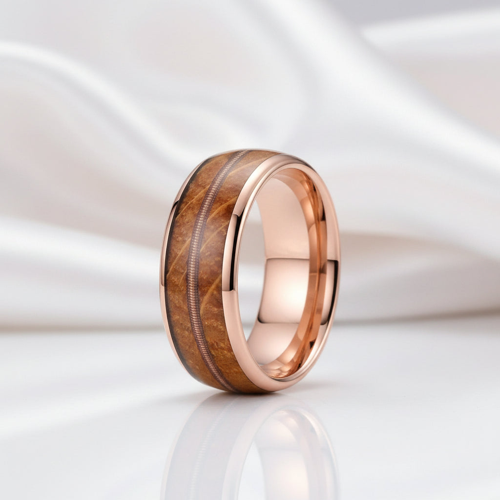 8mm Domed Tungsten Men's Wedding Band with Oak Wood Inlay-Black Diamonds New York