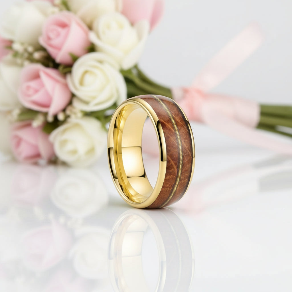 8mm Domed Tungsten Men's Wedding Band with Oak Wood Inlay-Black Diamonds New York