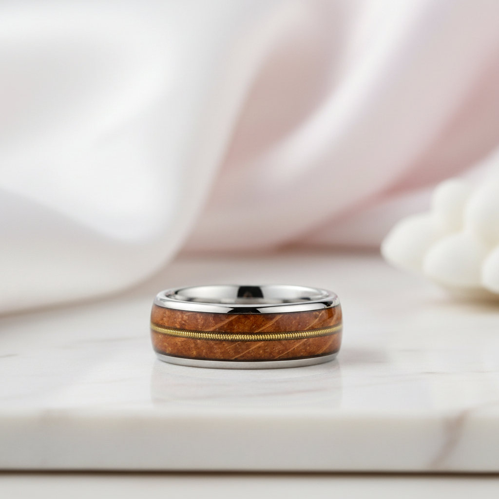 8mm Domed Tungsten Men's Wedding Band with Oak Wood Inlay-Black Diamonds New York