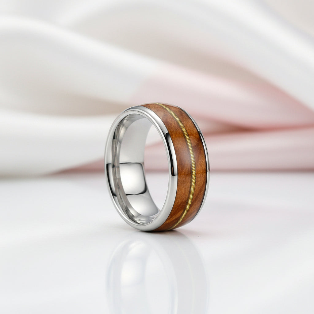 8mm Domed Tungsten Men's Wedding Band with Oak Wood Inlay-Black Diamonds New York