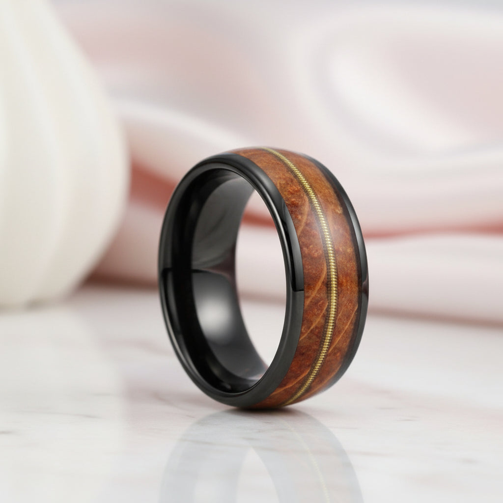 8mm Domed Tungsten Men's Wedding Band with Oak Wood Inlay-Black Diamonds New York