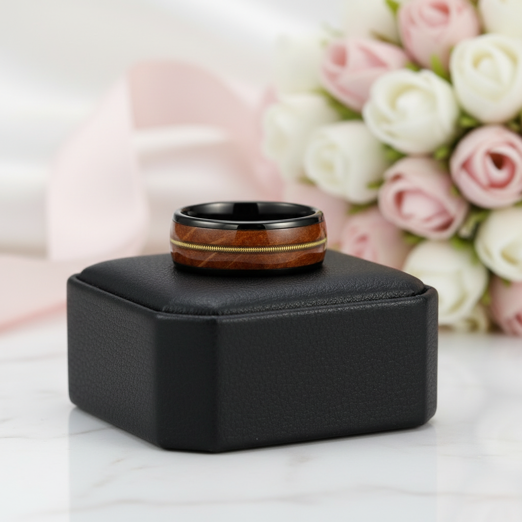 8mm Domed Tungsten Men's Wedding Band with Oak Wood Inlay-Black Diamonds New York