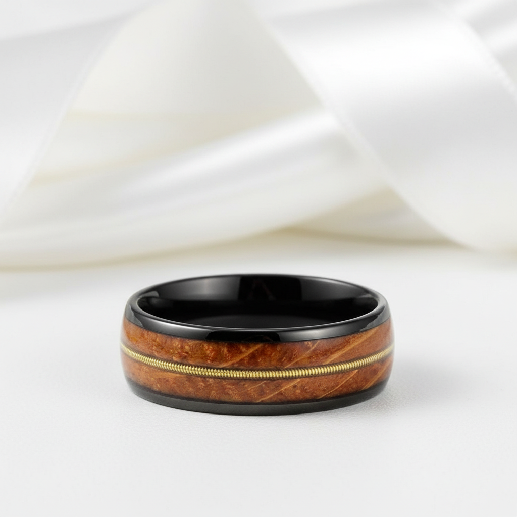 8mm Domed Tungsten Men's Wedding Band with Oak Wood Inlay-Black Diamonds New York