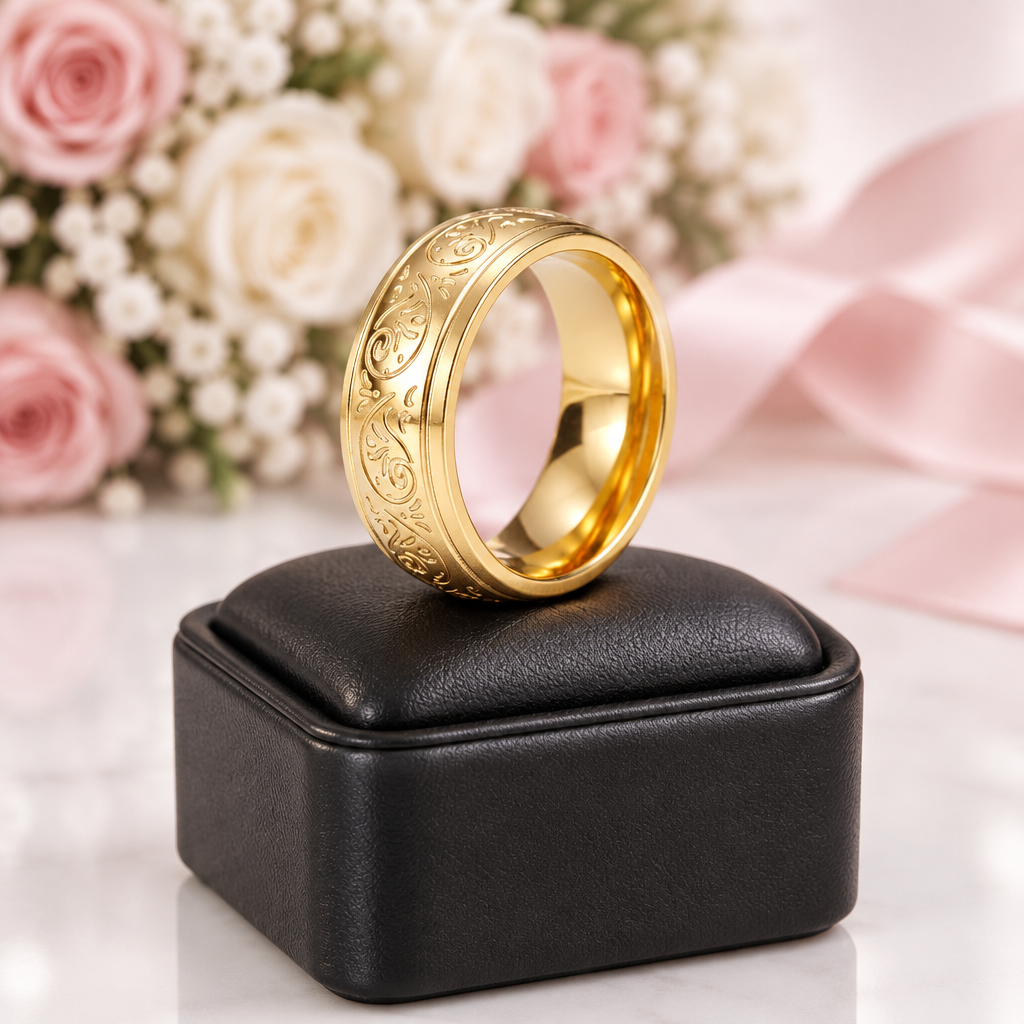 A gold ring with intricate floral engraving sits on a black square jewelry box, with blurred pink roses, white filler flowers, and a pink ribbon in the background.