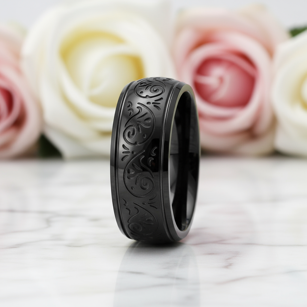 8mm Engraved Men's Wedding Band-Black Diamonds New York