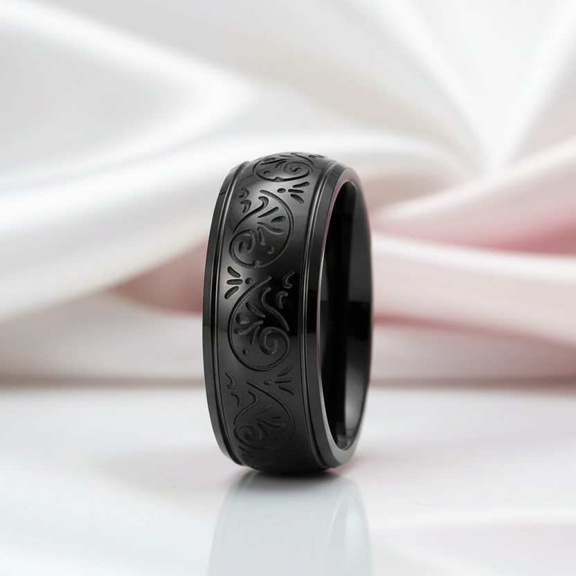 8mm Engraved Men's Wedding Band-Black Diamonds New York