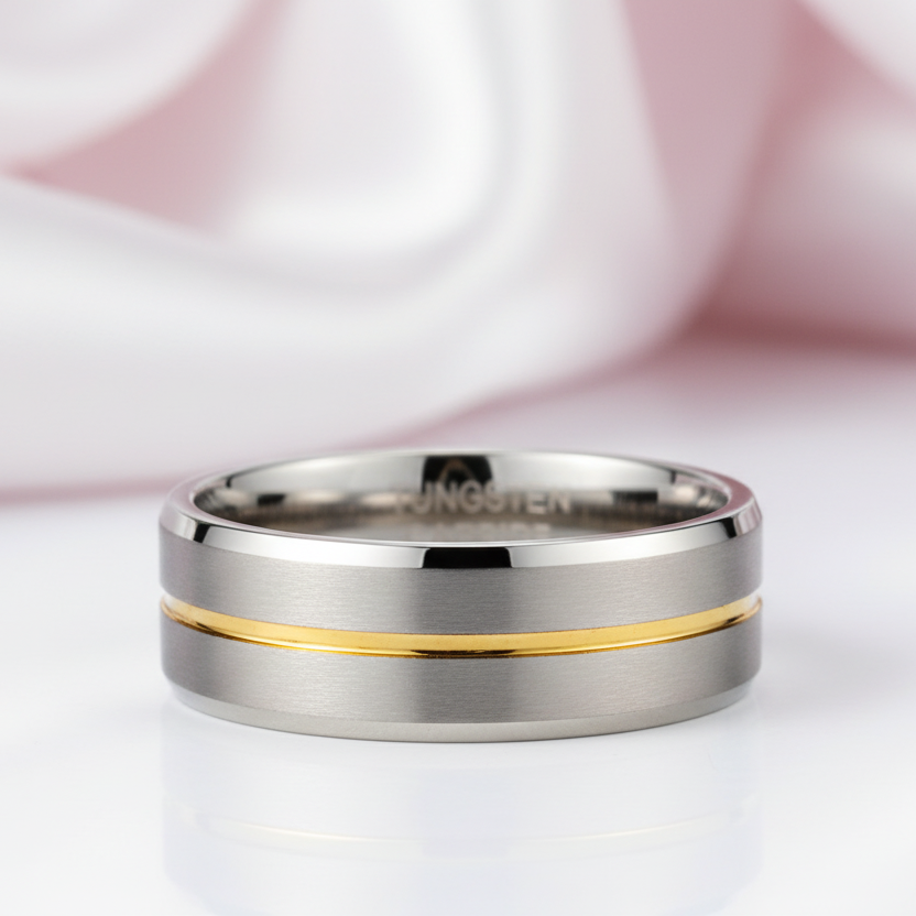 8mm Gold Stripe Tungsten Wedding Band-Black Diamonds New York