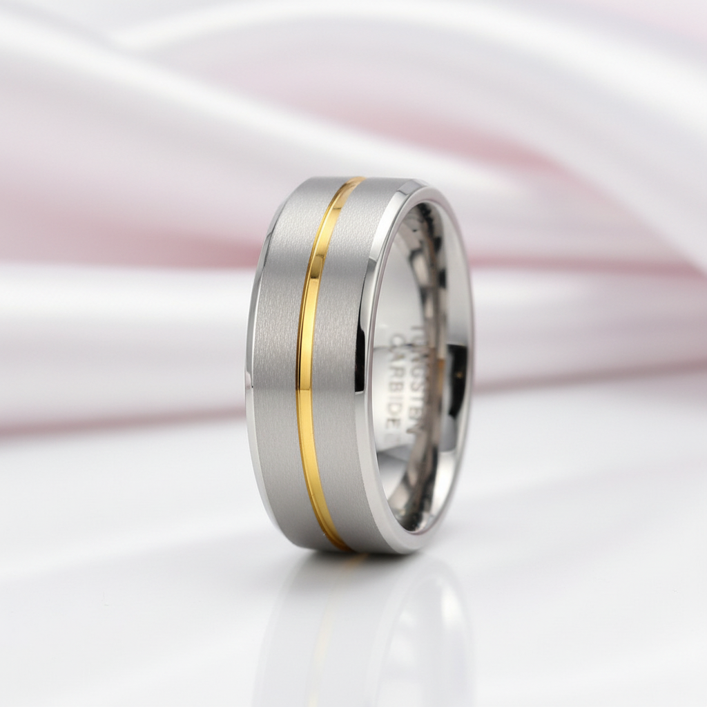 8mm Gold Stripe Tungsten Wedding Band-Black Diamonds New York