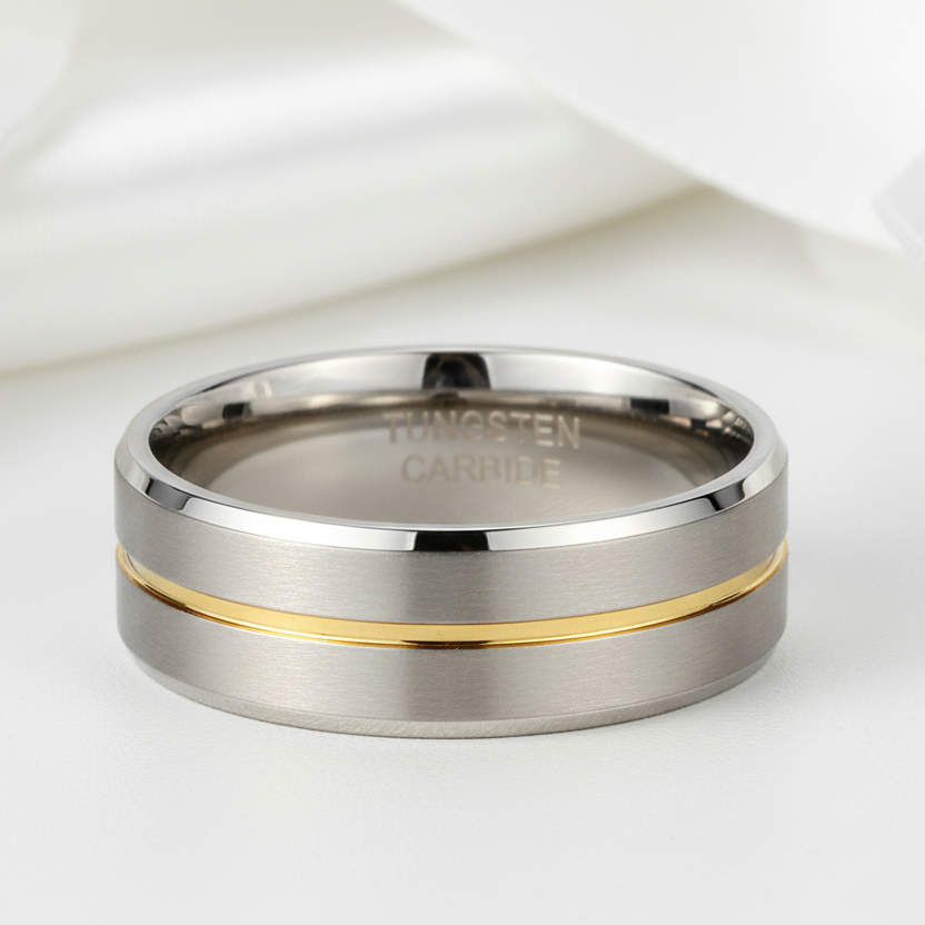 8mm Gold Stripe Tungsten Wedding Band-Black Diamonds New York