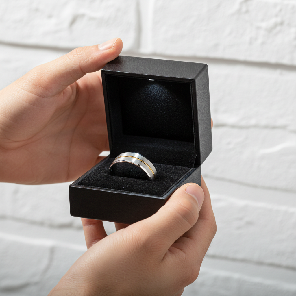 8mm Gold Stripe Tungsten Wedding Band-Black Diamonds New York