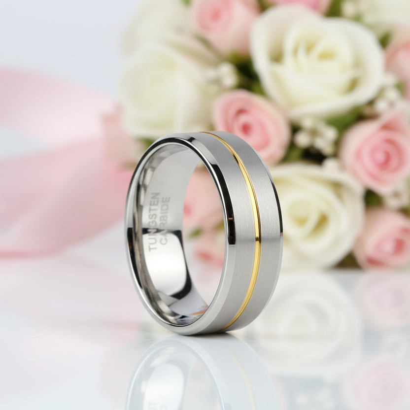 8mm Gold Stripe Tungsten Wedding Band-Black Diamonds New York