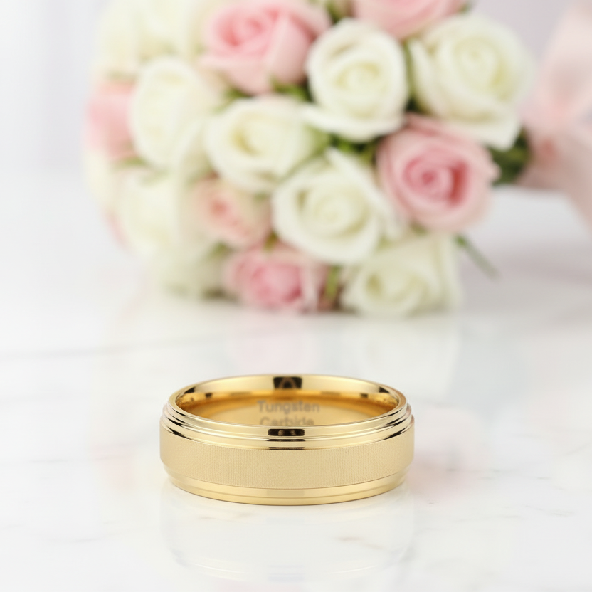 8mm Gold Tungsten Carbide Men's Wedding Ring-Black Diamonds New York