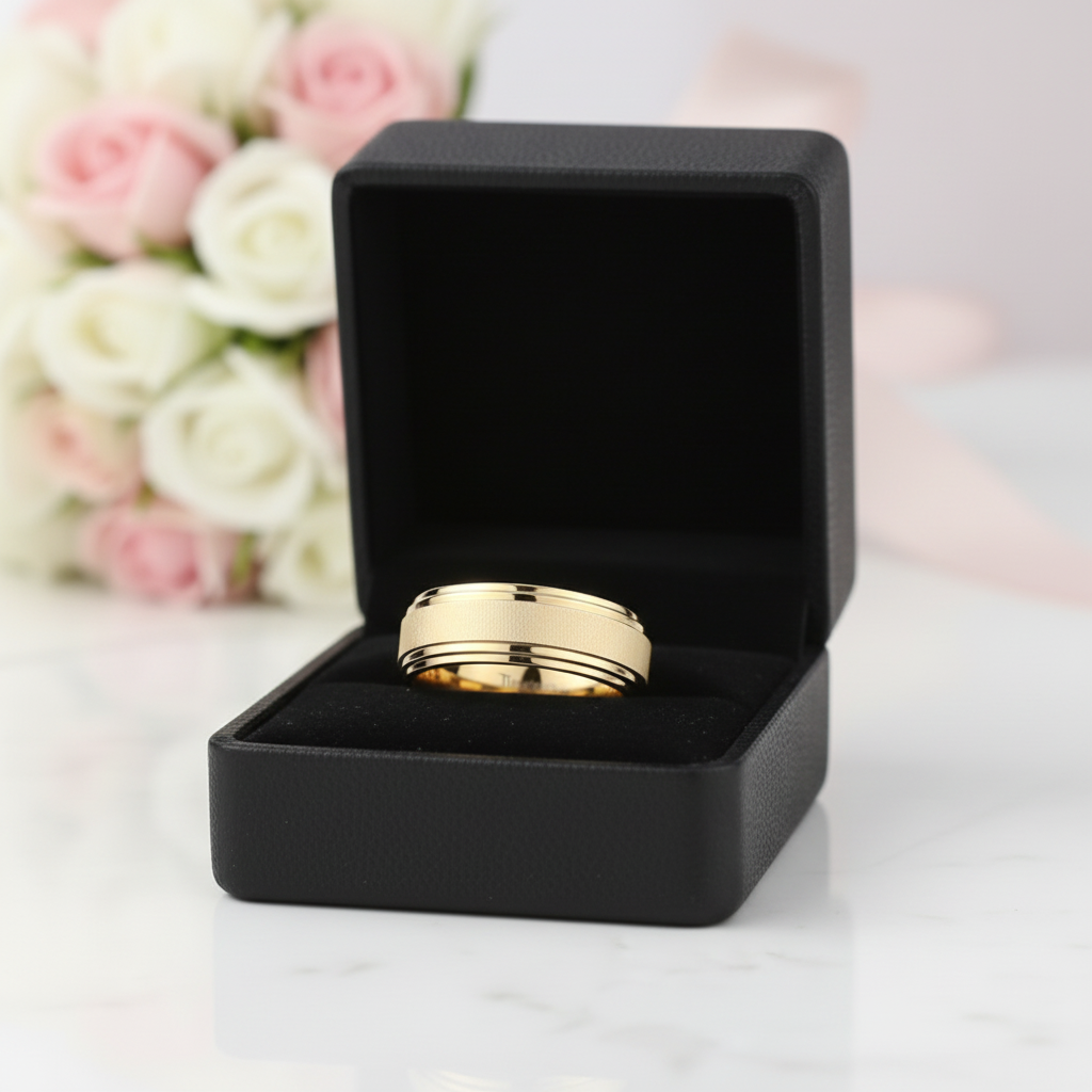 8mm Gold Tungsten Carbide Men's Wedding Ring-Black Diamonds New York