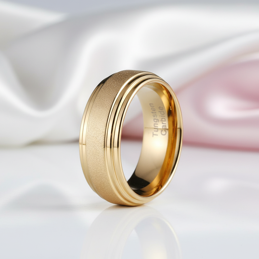 8mm Gold Tungsten Carbide Men's Wedding Ring-Black Diamonds New York