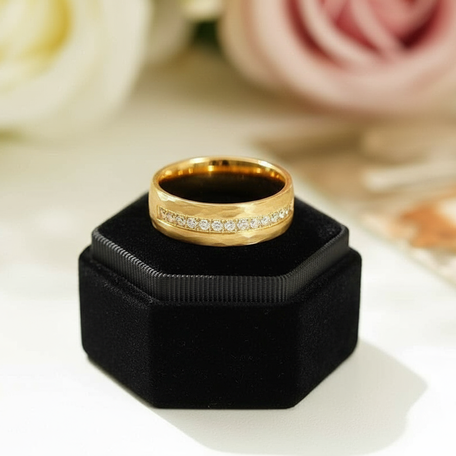 8mm Half Eternity Diamond Hammered Wedding Band-Black Diamonds New York