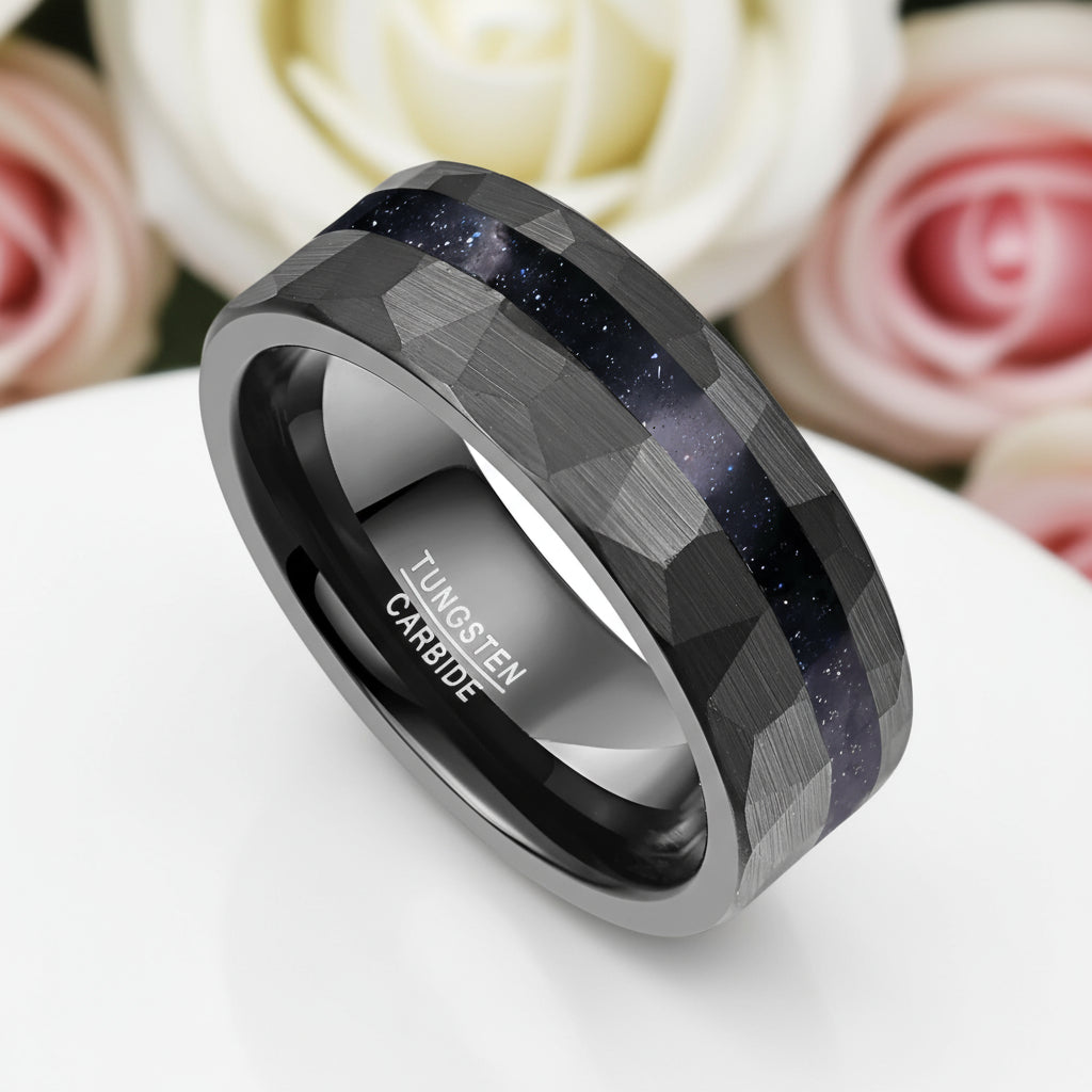 8mm Matte Black Hammered Tungsten Wedding Band with Blue Sandstone Inlay-Black Diamonds New York