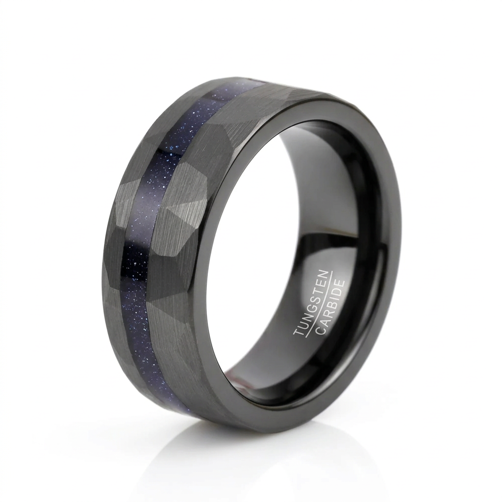 8mm Matte Black Hammered Tungsten Wedding Band with Blue Sandstone Inlay-Black Diamonds New York