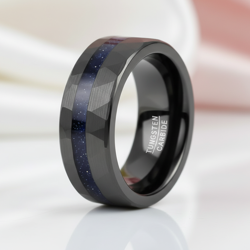 8mm Matte Black Hammered Tungsten Wedding Band with Blue Sandstone Inlay-Black Diamonds New York