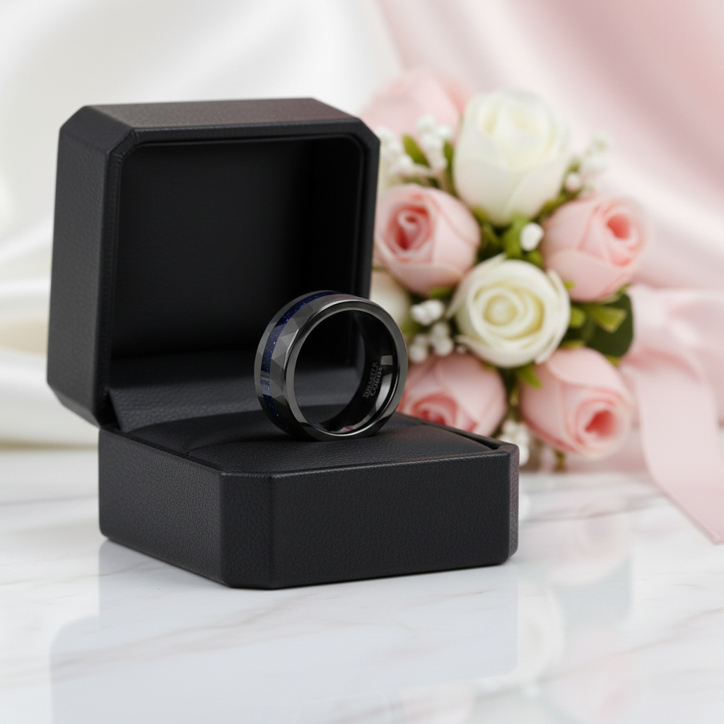 Black ring box with a ring inside, placed on a white surface with flowers in the background