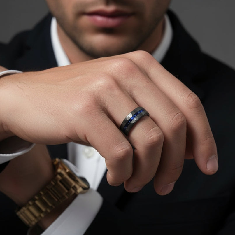 8mm Matte Black Hammered Tungsten Wedding Band with Blue Sandstone Inlay-Black Diamonds New York