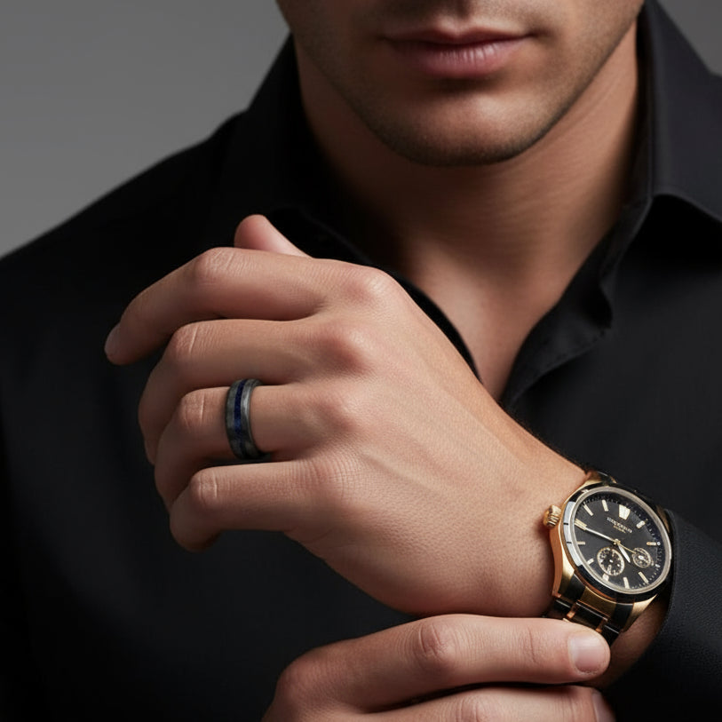 8mm Matte Black Hammered Tungsten Wedding Band with Blue Sandstone Inlay-Black Diamonds New York