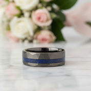 8mm Matte Black Hammered Tungsten Wedding Band with Blue Sandstone Inlay-Black Diamonds New York