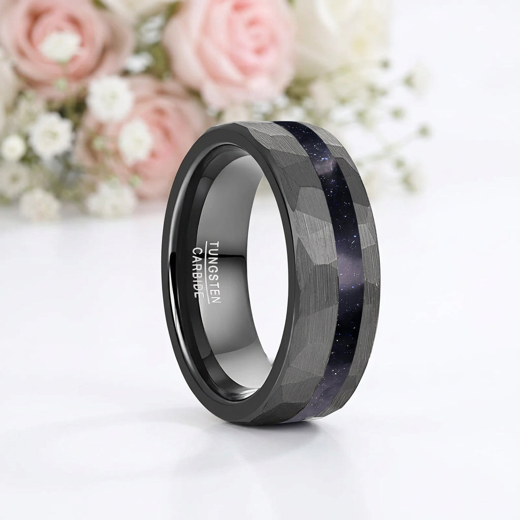 8mm Matte Black Hammered Tungsten Wedding Band with Blue Sandstone Inlay-Black Diamonds New York