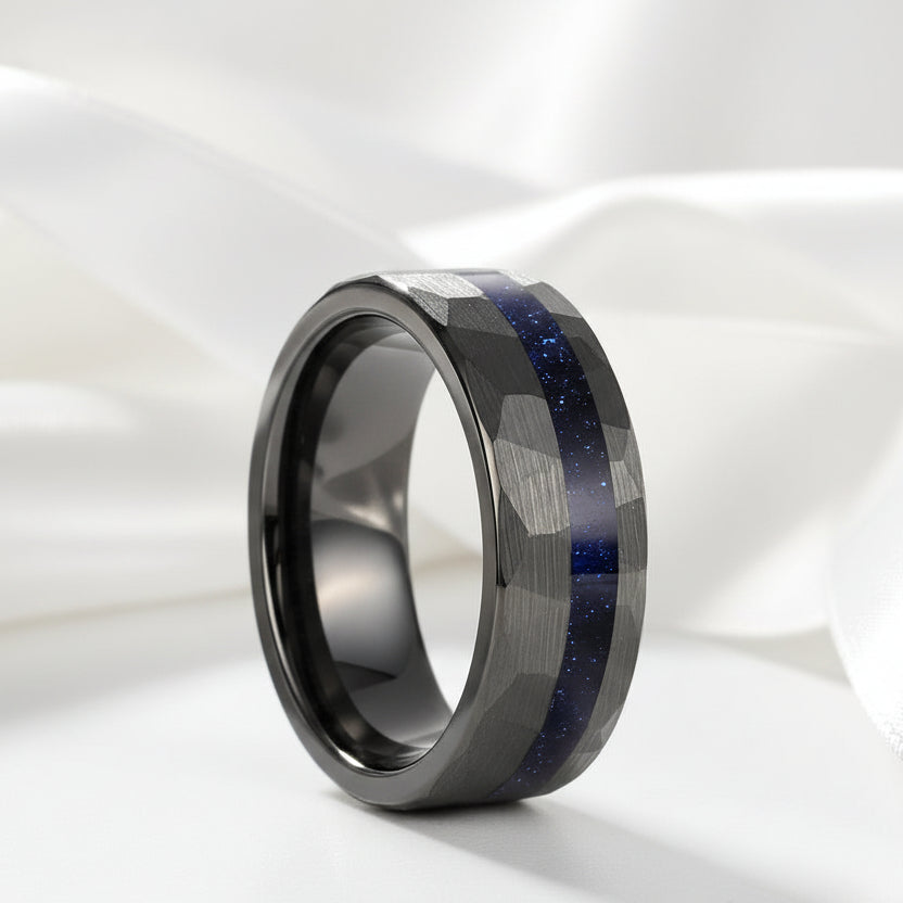 8mm Matte Black Hammered Tungsten Wedding Band with Blue Sandstone Inlay-Black Diamonds New York