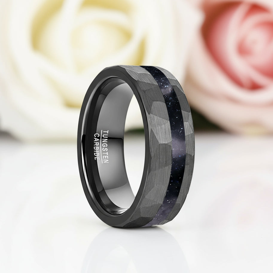 8mm Matte Black Hammered Tungsten Wedding Band with Blue Sandstone Inlay-Black Diamonds New York