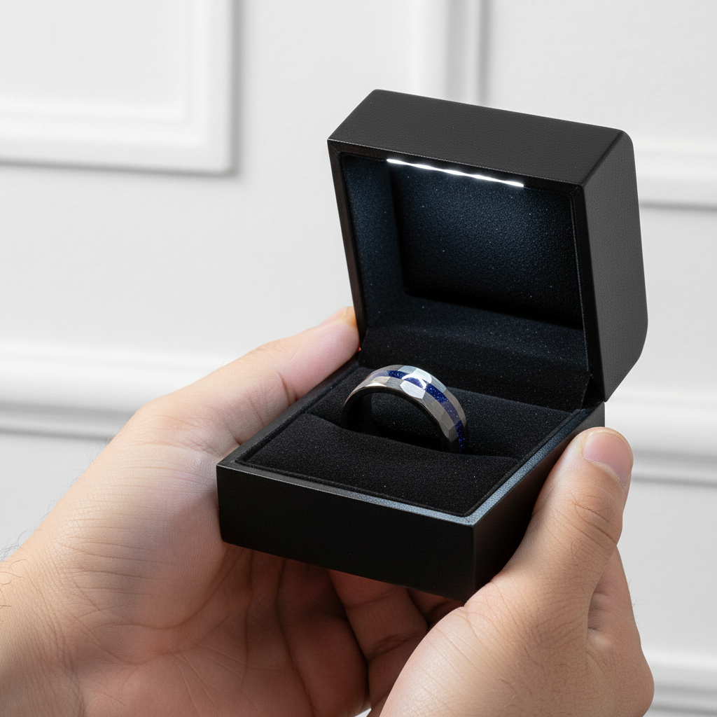 8mm Matte Black Hammered Tungsten Wedding Band with Blue Sandstone Inlay-Black Diamonds New York