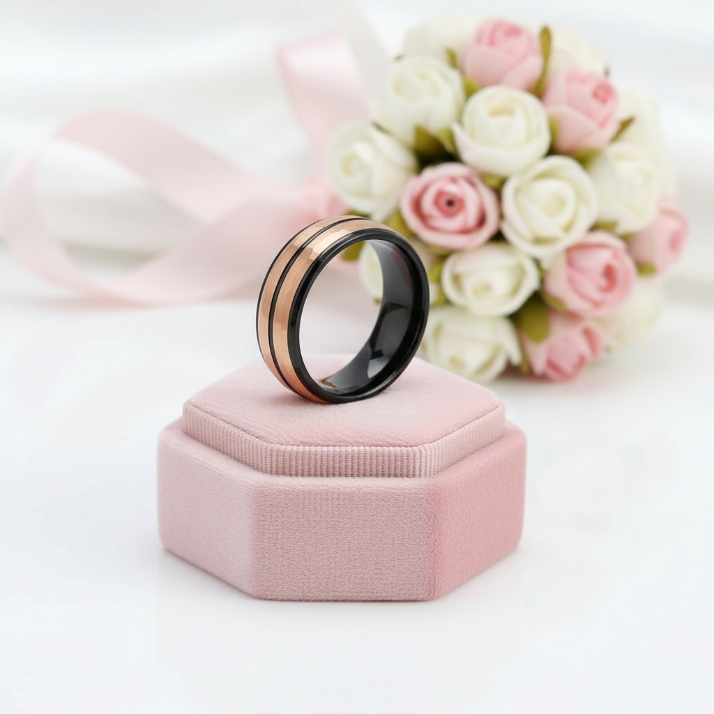 8mm Men Rose Gold & Black Hammered Tungsten Carbide Ring Band-Black Diamonds New York