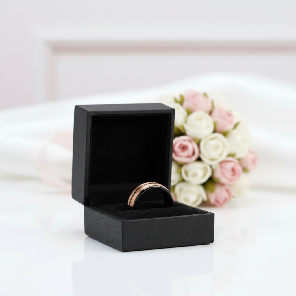 8mm Men Rose Gold & Black Hammered Tungsten Carbide Ring Band-Black Diamonds New York