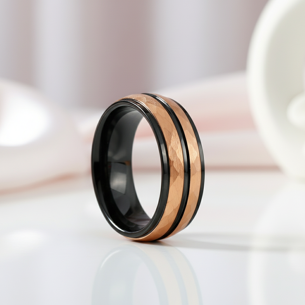 8mm Men Rose Gold & Black Hammered Tungsten Carbide Ring Band-Black Diamonds New York