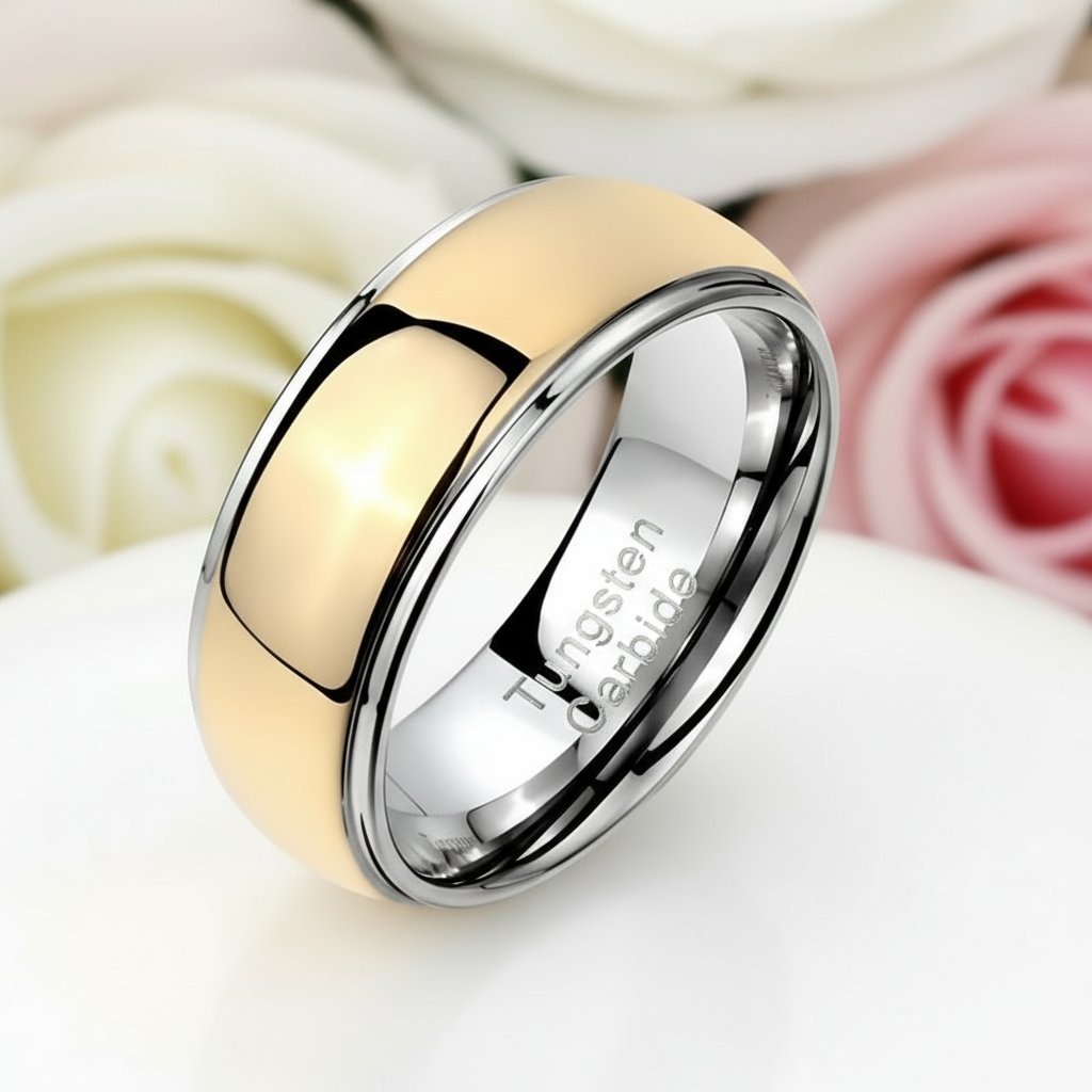 8mm Men's Tungsten Carbide Smooth Gold Ring-Black Diamonds New York