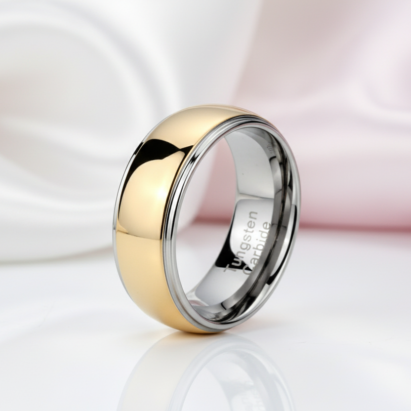 8mm Men's Tungsten Carbide Smooth Gold Ring-Black Diamonds New York