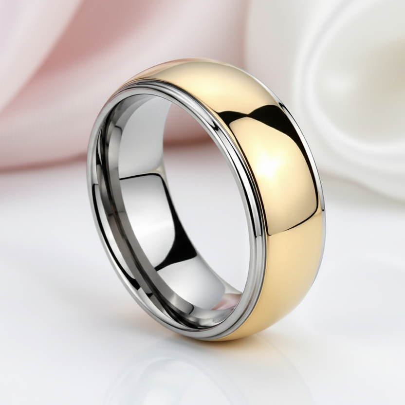 8mm Men's Tungsten Carbide Smooth Gold Ring-Black Diamonds New York