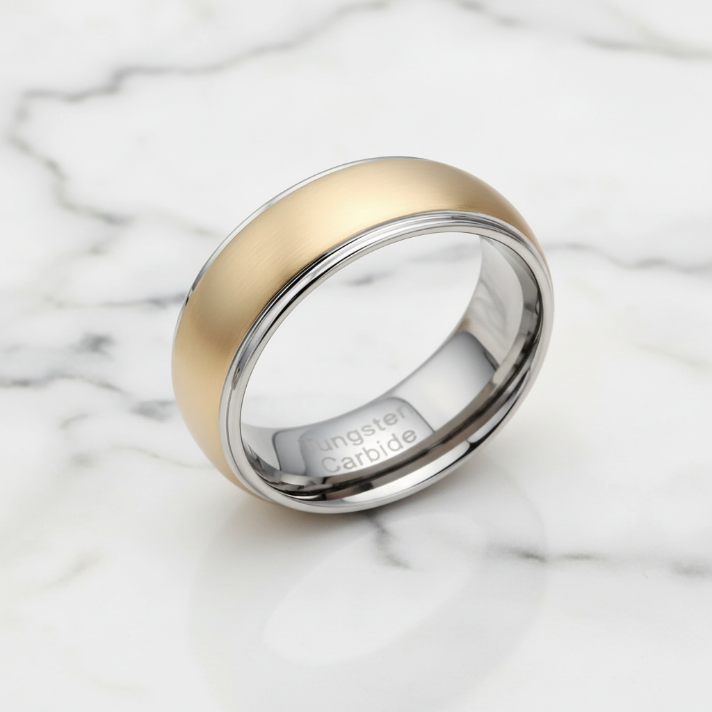 8mm Men's Tungsten Carbide Smooth Gold Ring-Black Diamonds New York