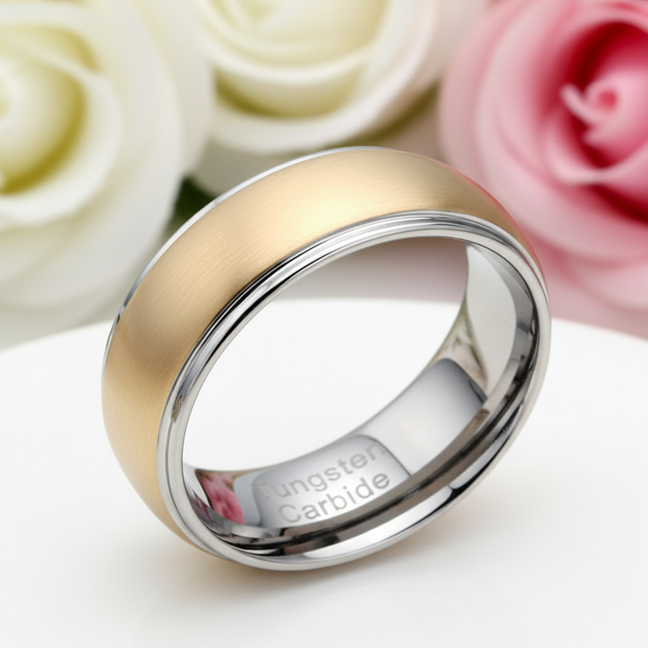 8mm Men's Tungsten Carbide Smooth Gold Ring-Black Diamonds New York