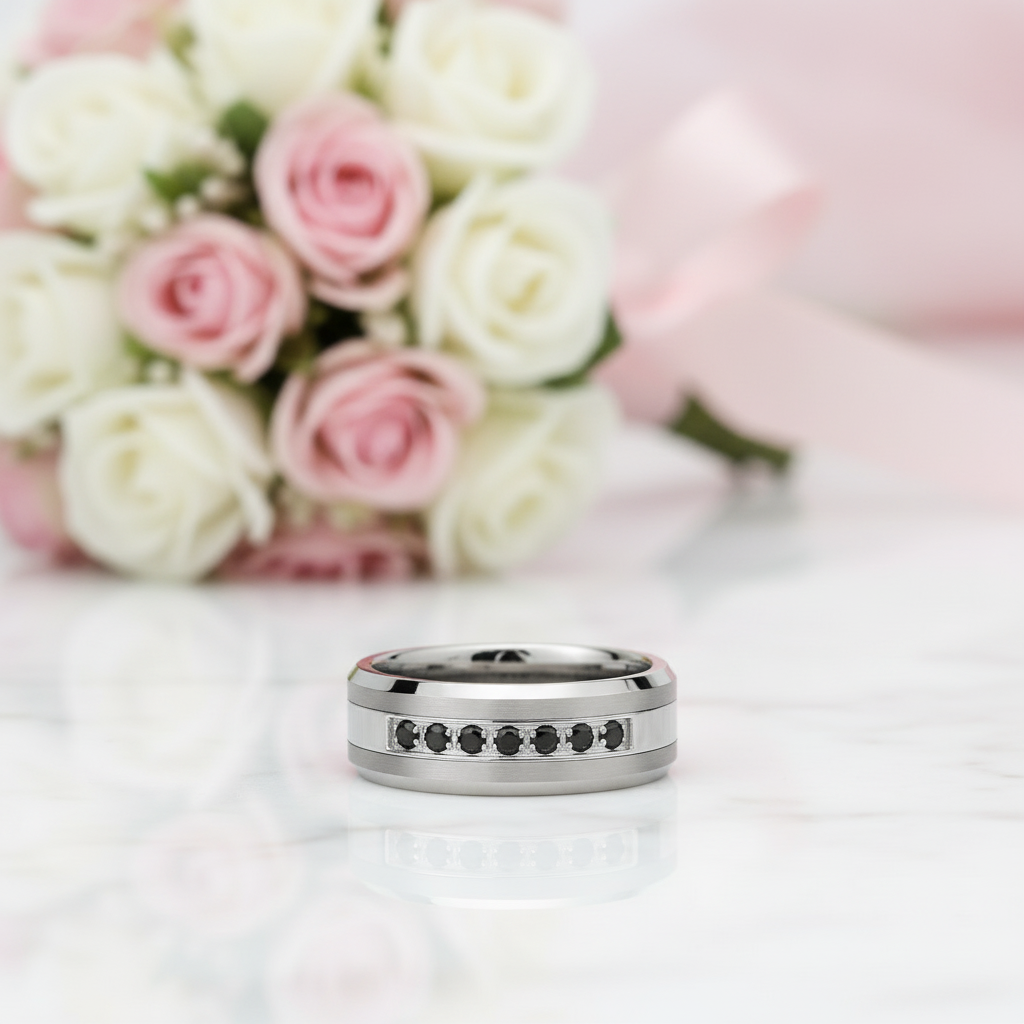 8mm Men's Tungsten Carbide Wedding Band With Black Diamond-Black Diamonds New York