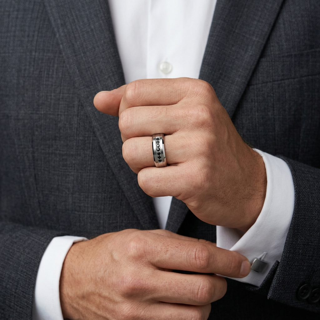 8mm Men's Tungsten Carbide Wedding Band With Black Diamond Option-Black Diamonds New York