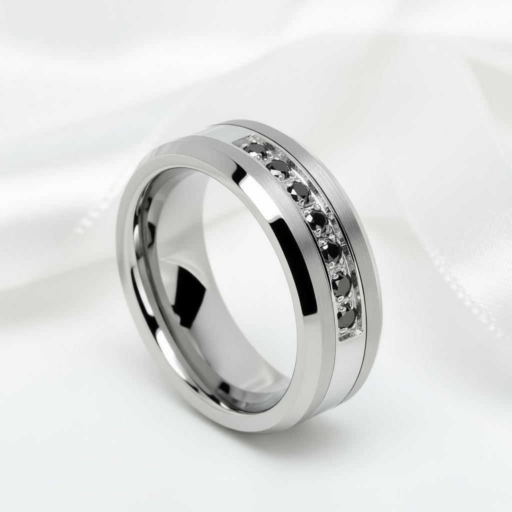 8mm Men's Tungsten Carbide Wedding Band With Black Diamond-Black Diamonds New York