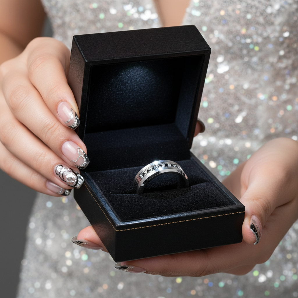 8mm Men's Tungsten Carbide Wedding Band With Black Diamond-Black Diamonds New York