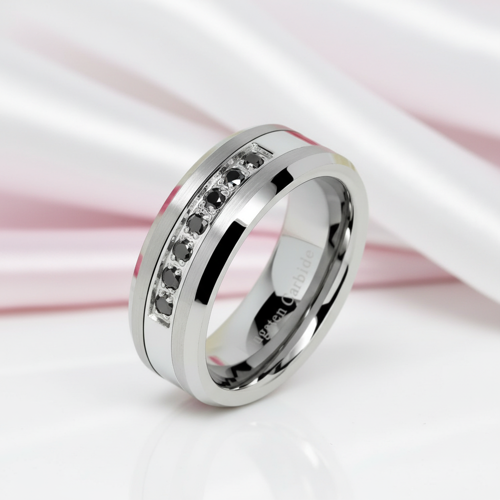 8mm Men's Tungsten Carbide Wedding Band With Black Diamond Option-Black Diamonds New York
