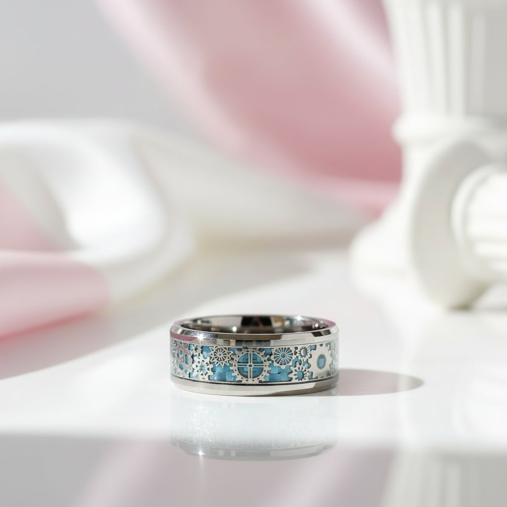 8mm Men's Tungsten Wedding Band with Gear Wheel & Blue Carbon Fiber Inlay-Black Diamonds New York