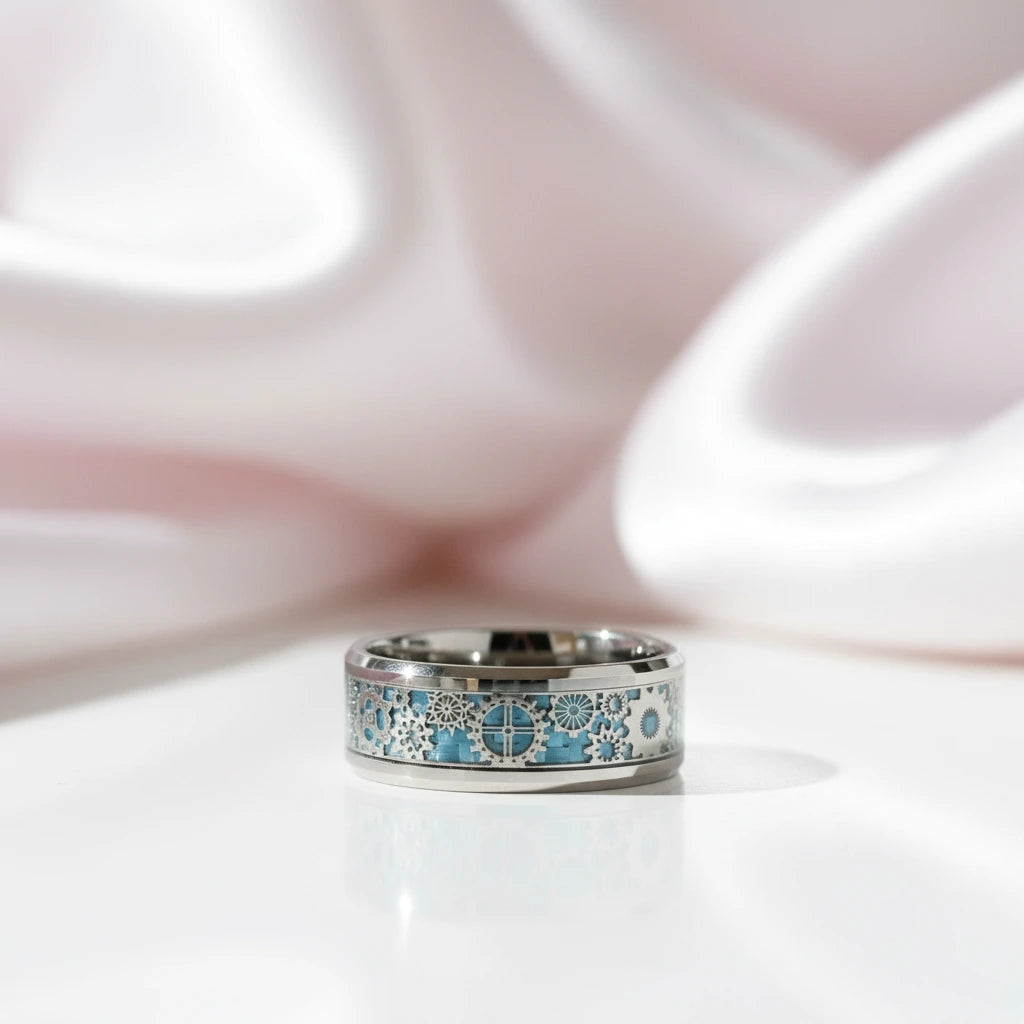 8mm Men's Tungsten Wedding Band with Gear Wheel & Blue Carbon Fiber Inlay-Black Diamonds New York